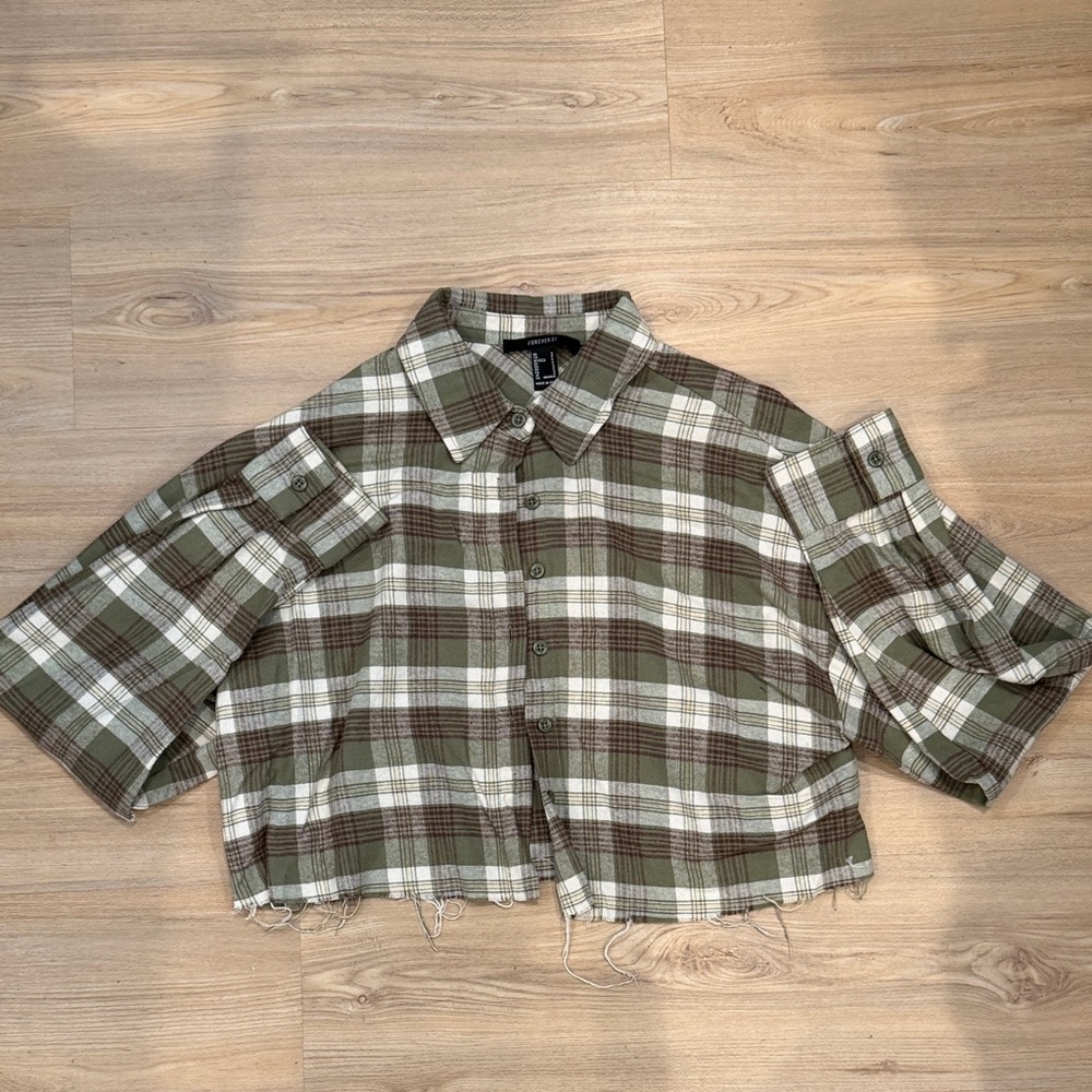 Forever 21 Olive Green Plaid Button-Up Top